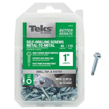 Self-Drilling Screw, #8 X 1 In, Zinc Plated Steel Hex Head Hex Drive